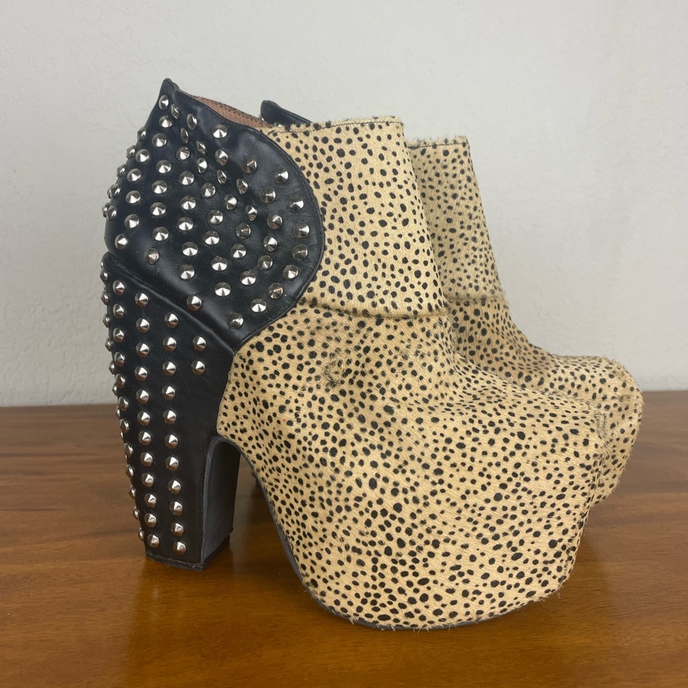 Black leather with studs and fuzzy animal print Jeffrey Campbell what-envi shoes